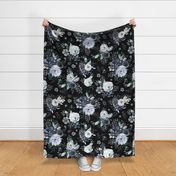 36" Navy Black and White Florals - Black