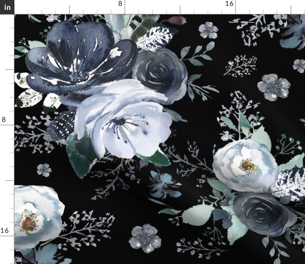 36" Navy Black and White Florals - Black