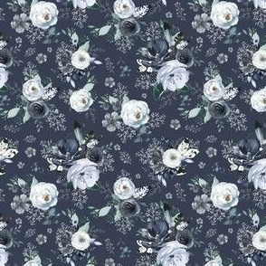 4" Navy Black and White Florals - Blue