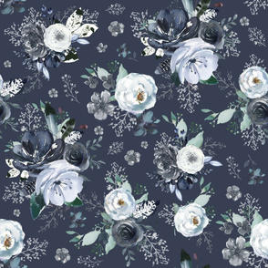 36" Navy Black and White Florals - Blue