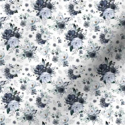 4" Navy Black and White Florals - White