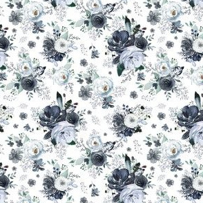 4" Navy Black and White Florals - White