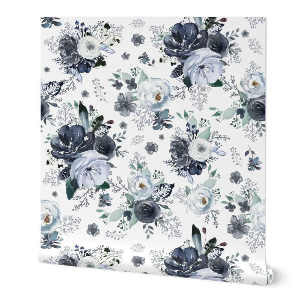 8" Navy Black and White Florals - White