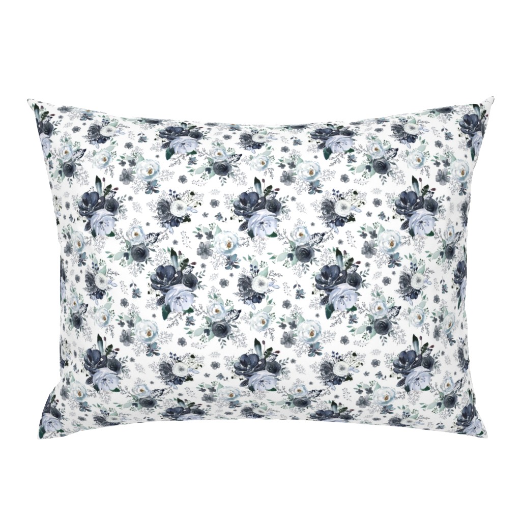 8" Navy Black and White Florals - White