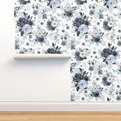 8" Navy Black and White Florals - White