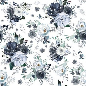 8" Navy Black and White Florals - White