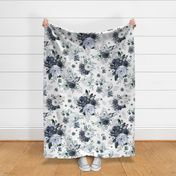 36" Navy Black and White Florals - White