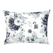 36" Navy Black and White Florals - White