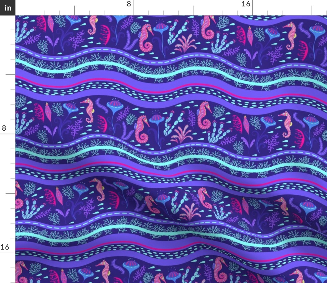 Purple wavy sea pattern with sea horses and algae. 