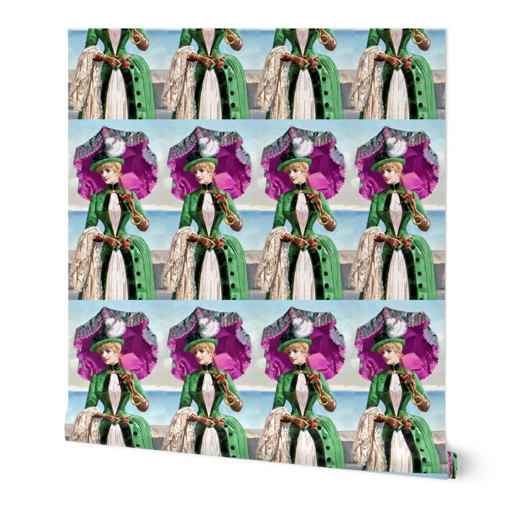 victorian edwardian big feather hats fuschia purple parasol umbrella green gown beautiful young woman lady 19th 20th century sky sea roses flowers jackets romantic  beauty vintage antique elegant gothic lolita egl  ocean clouds     