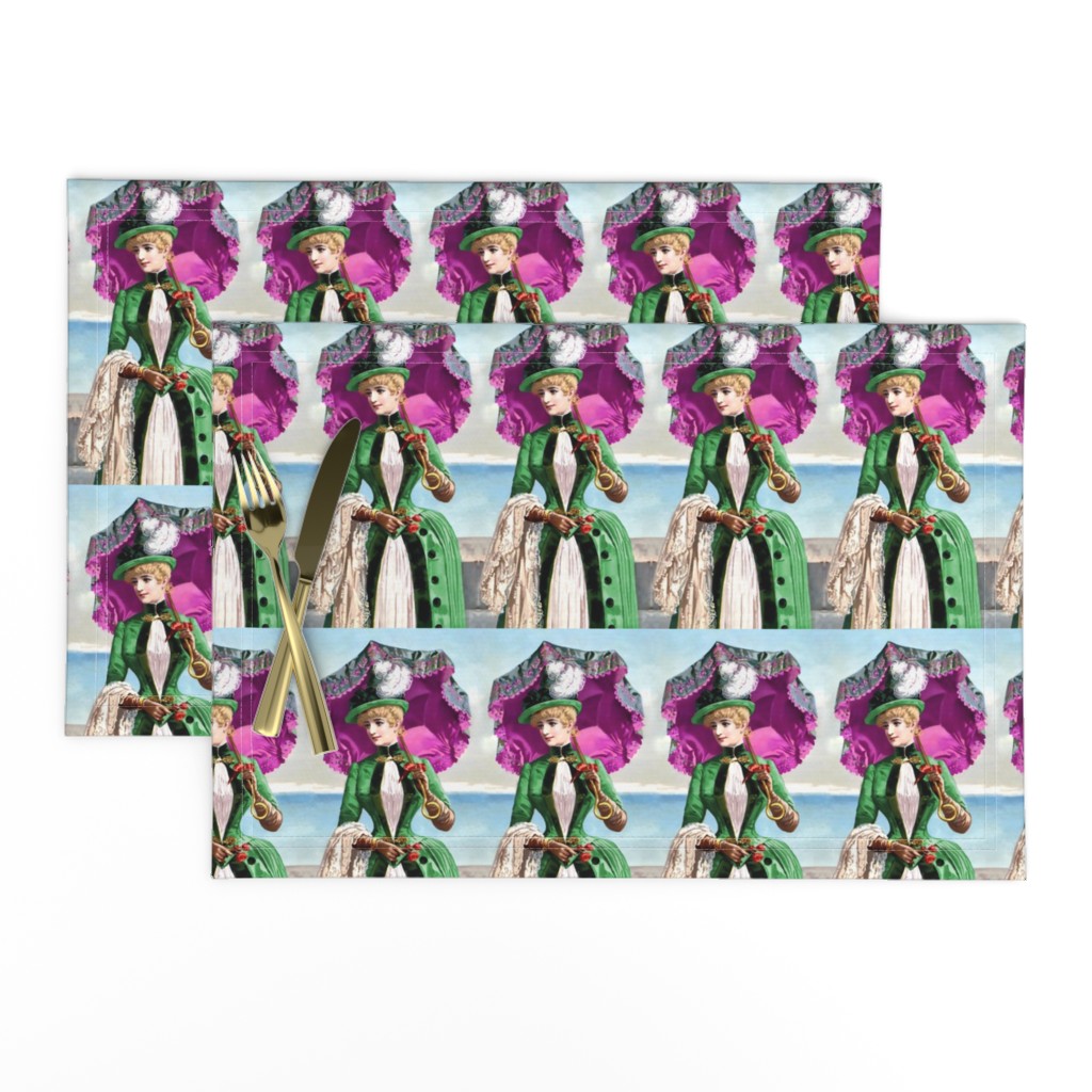 victorian edwardian big feather hats fuschia purple parasol umbrella green gown beautiful young woman lady 19th 20th century sky sea roses flowers jackets romantic  beauty vintage antique elegant gothic lolita egl  ocean clouds     