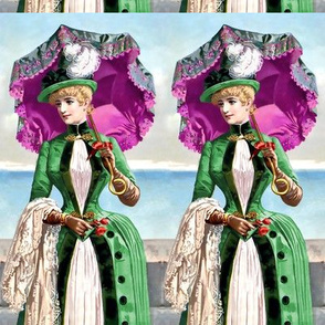 victorian edwardian big feather hats fuschia purple parasol umbrella green gown beautiful young woman lady 19th 20th century sky sea roses flowers jackets romantic  beauty vintage antique elegant gothic lolita egl  ocean clouds     