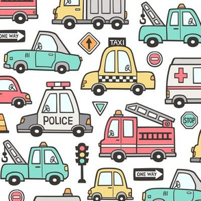 Cars Vehicles Doodle fabric on White