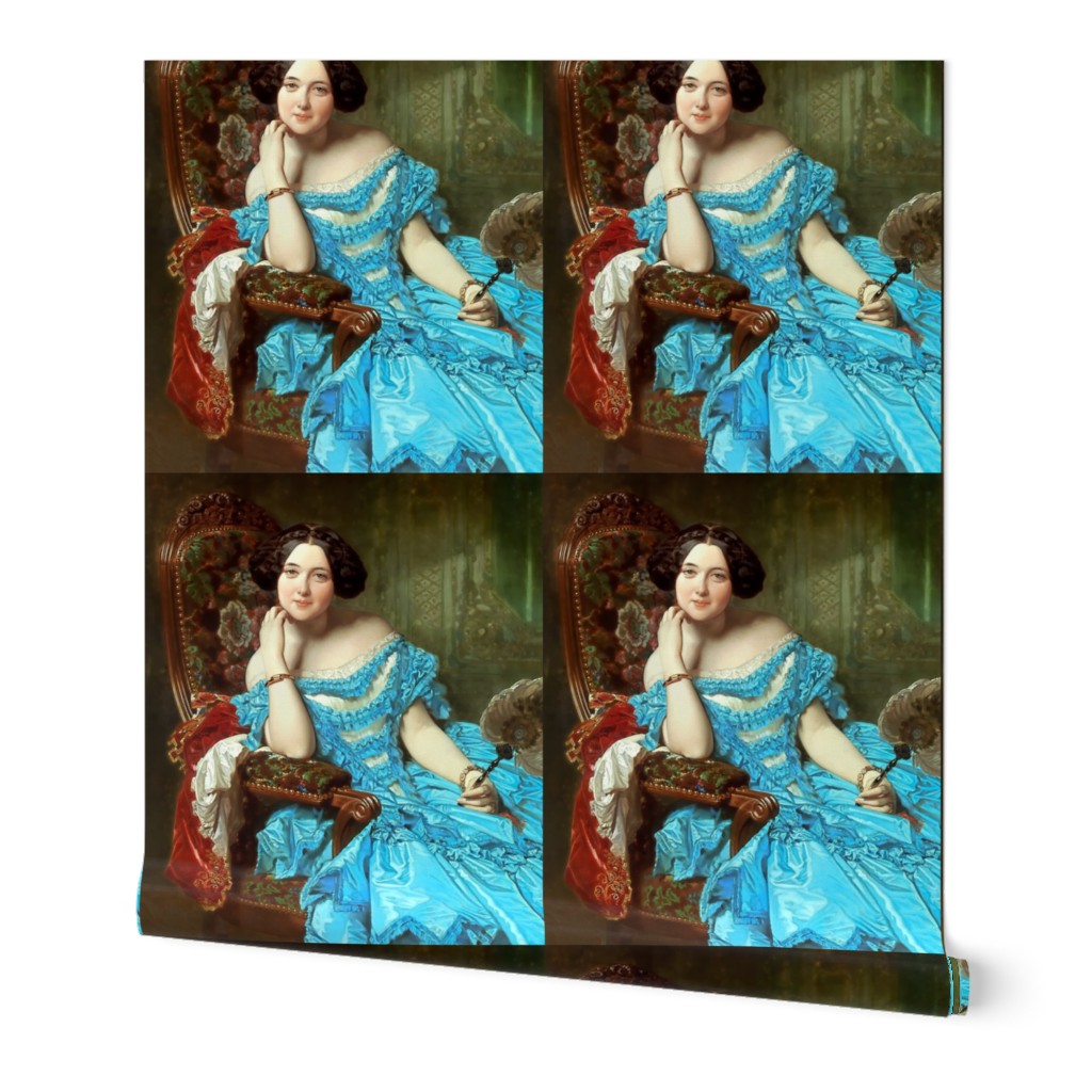 princesses bright blue white gowns ruffles hair buns baroque victorian beauty royal lace off shoulder fans ballgowns rococo portraits beautiful lady woman elegant gothic lolita egl neoclassical  historical romantic smiling  19th century 20th