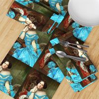 princesses bright blue white gowns ruffles hair buns baroque victorian beauty royal lace off shoulder fans ballgowns rococo portraits beautiful lady woman elegant gothic lolita egl neoclassical  historical romantic smiling  19th century 20th