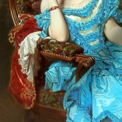 princesses bright blue white gowns ruffles hair buns baroque victorian beauty royal lace off shoulder fans ballgowns rococo portraits beautiful lady woman elegant gothic lolita egl neoclassical  historical romantic smiling  19th century 20th