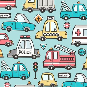 Cars Vehicles Doodle fabric on Aqua Blue