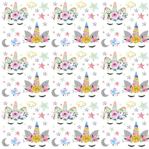 3” Unicorn floral stars moon clouds on white