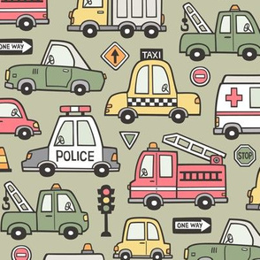 Cars Vehicles Doodle fabric on Light Olive Green