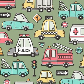 Cars Vehicles Doodle fabric on Olive Green