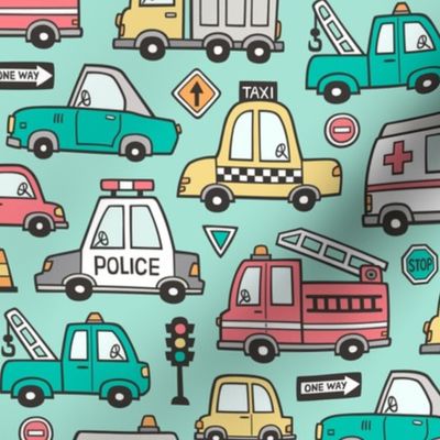 Cars Vehicles Doodle fabric on Mint Green