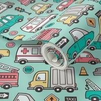 Cars Vehicles Doodle fabric on Mint Green