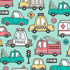 Cars Vehicles Doodle fabric on Mint Green