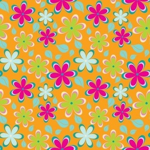 Cute Bold Colorful Flowers on Orange // Throw Pillow Fabric // 8x8