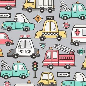 Cars Vehicles Doodle fabric on Light Grey