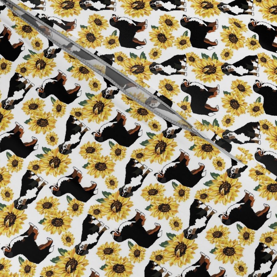 Tiny Print  Bernese Mountain Dogs with Sunflowers 2.25x 2.25 inch repeat Dog fabric