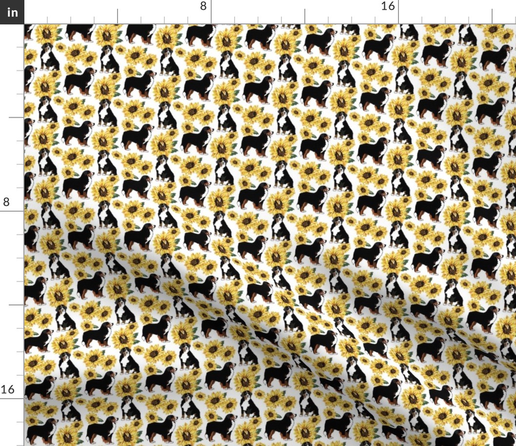 Tiny Print  Bernese Mountain Dogs with Sunflowers 2.25x 2.25 inch repeat Dog fabric