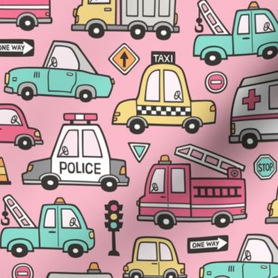 Cars Vehicles Doodle fabric on Pink