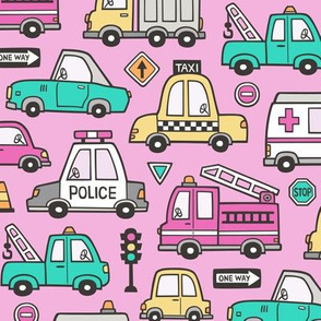 Cars Vehicles Doodle fabric on Magenta Pink