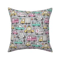 Cars Vehicles Doodle fabric Pink on Light Grey