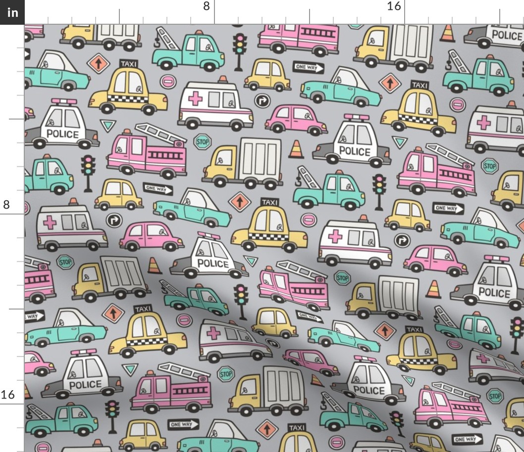 Cars Vehicles Doodle fabric Pink on Light Grey