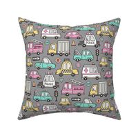 Cars Vehicles Doodle fabric on Pink on Dark Grey