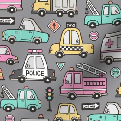 Cars Vehicles Doodle fabric on Pink on Dark Grey