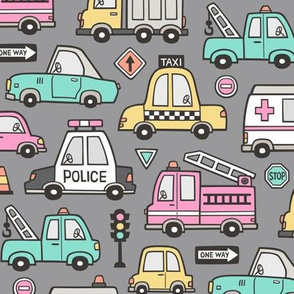 Cars Vehicles Doodle fabric on Pink on Dark Grey