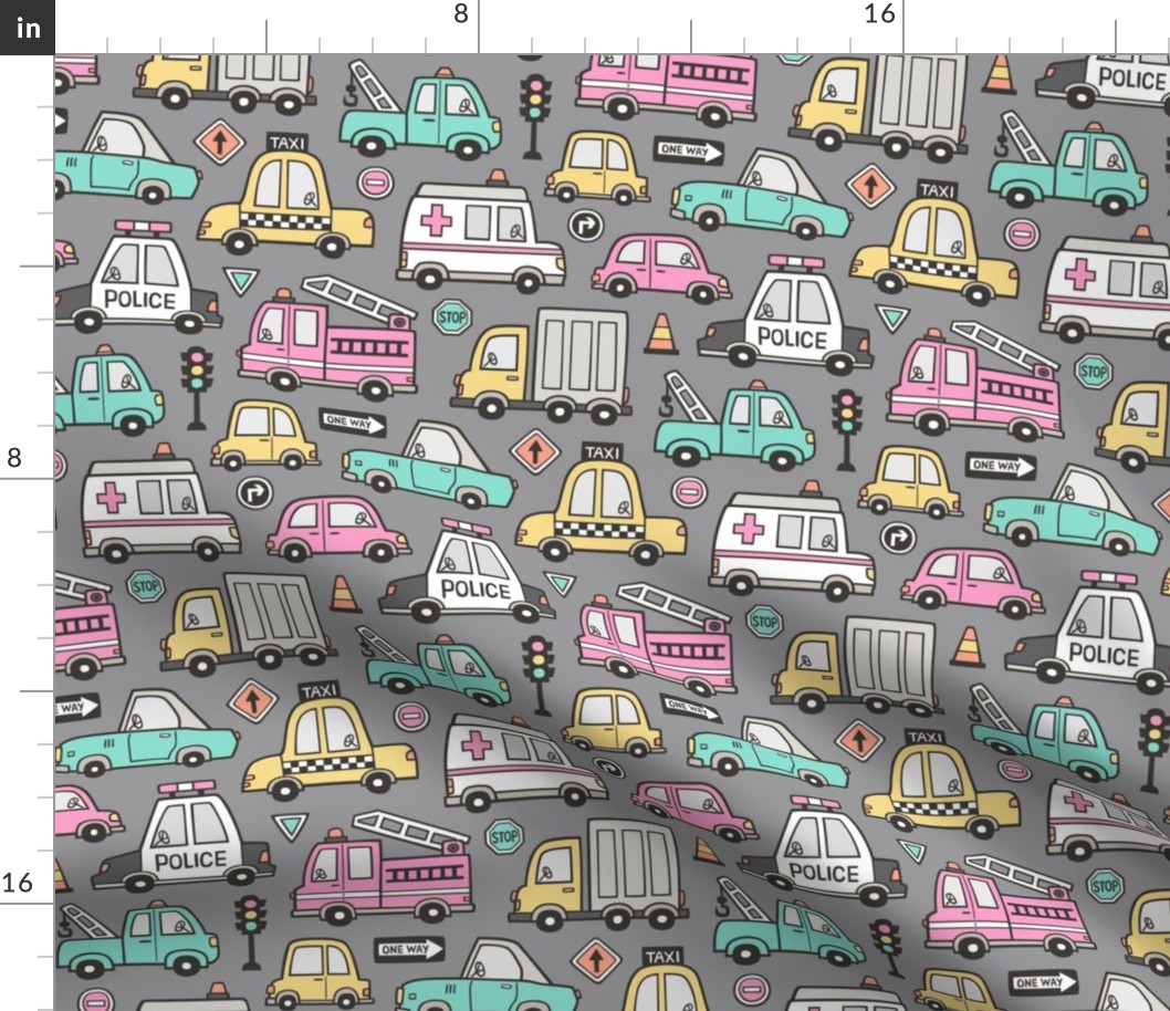 Cars Vehicles Doodle fabric on Pink on Dark Grey