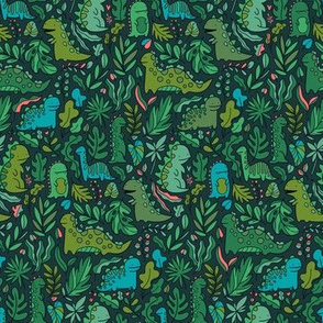 Small Tropical leaves and ancient dinosaurs design. Cute green dino pattern. 