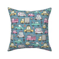 Cars Vehicles Doodle fabric Pink on Dark Blue Navy