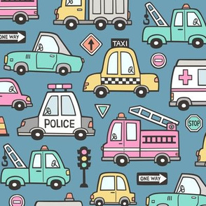 Cars Vehicles Doodle fabric Pink on Dark Blue Navy