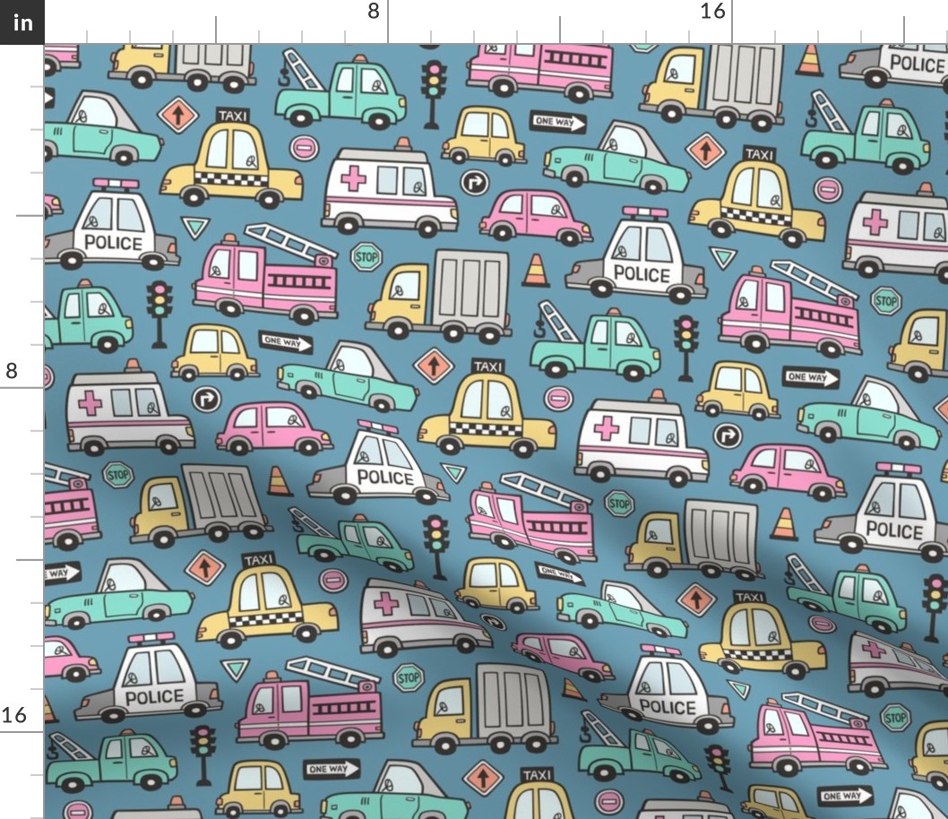 Cars Vehicles Doodle fabric Pink on Dark Blue Navy