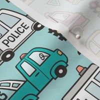 Cars Vehicles Doodle fabric on Pink on Light Blue