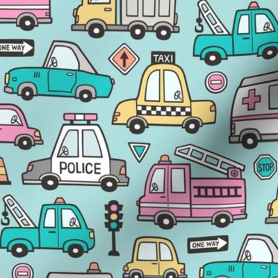 Cars Vehicles Doodle fabric on Pink on Light Blue