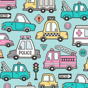 Cars Vehicles Doodle fabric on Pink on Light Blue