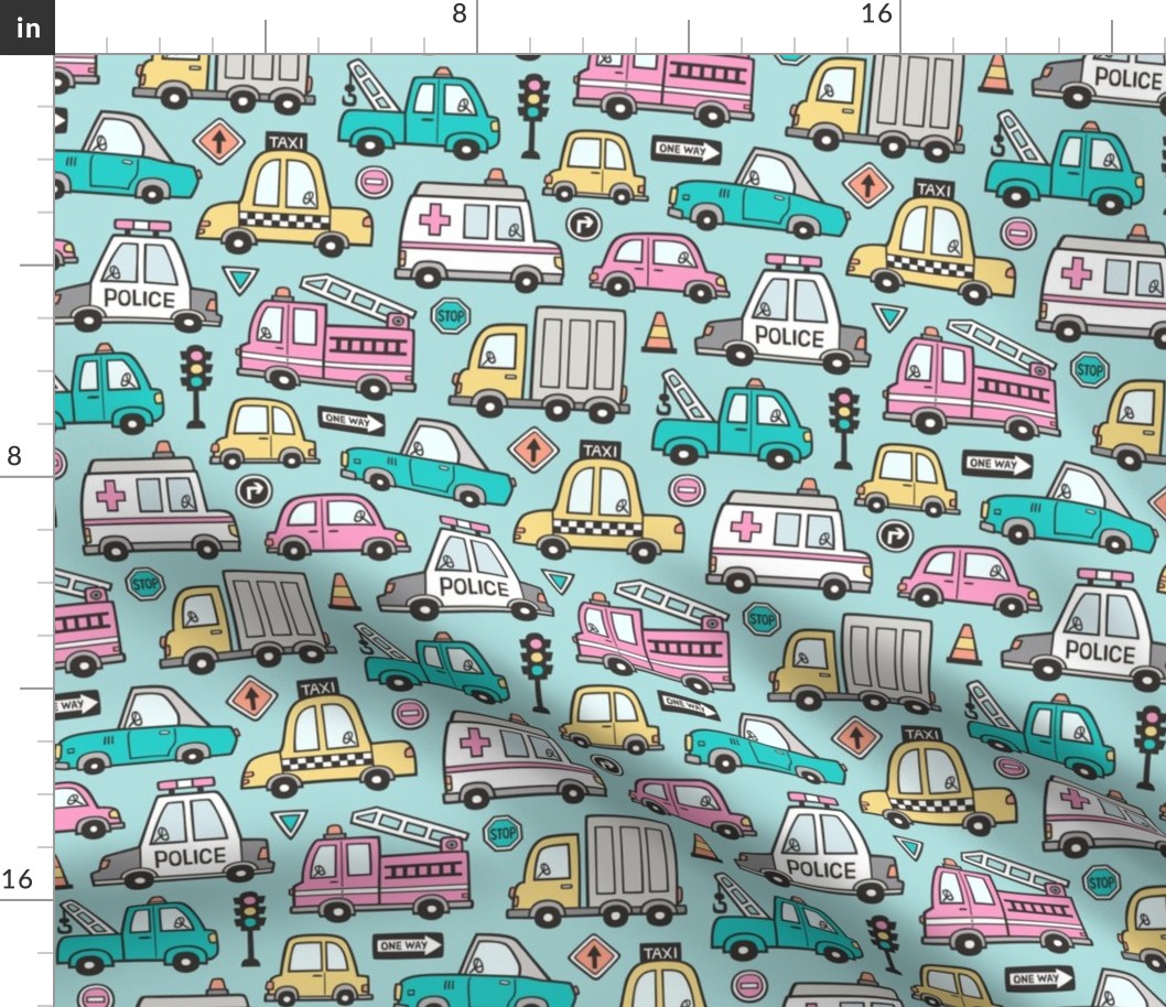 Cars Vehicles Doodle fabric on Pink on Light Blue