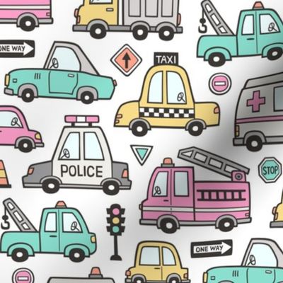 Cars Vehicles Doodle fabric Pink on White