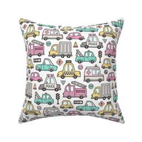 Cars Vehicles Doodle fabric Pink on White