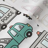 Cars Vehicles Doodle fabric Pink on White